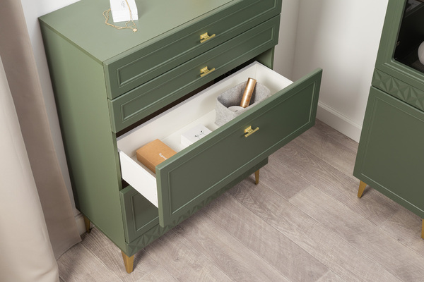 Гостиная Марион композиция 1 дымчатый зеленый K521, олива шагрень AG 1050 ПВХ, белый PE шагрень (собирается на любую сторону)