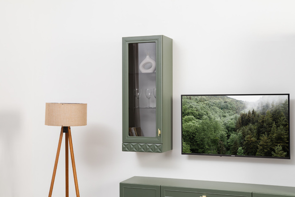 Гостиная Марион композиция 2 дымчатый зеленый K521, олива шагрень AG 1050 ПВХ, белый PE шагрень (собирается на любую сторону)