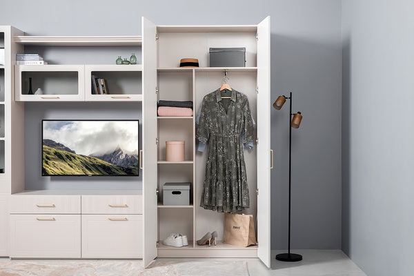 Гостиная Ричфорд композиция 1 без карнизов, кашемир 5981 BS, моно керамика D166-2 ПВХ, белый PE шагрень (собирается на любую сторону)